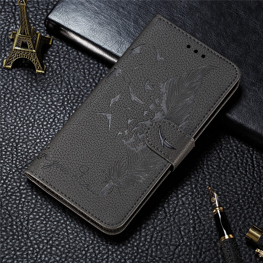 Litchi Skin Imprime Feather Leather Cartet Case Para Xiaomi Redmi Nota 8 - Cinza