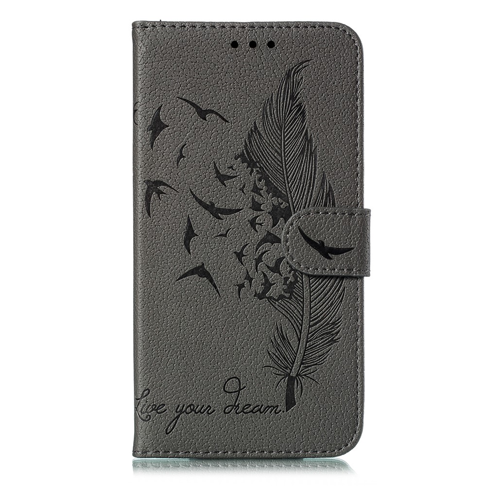 Litchi Skin Imprint Feather Leather Wallet Case for Xiaomi Redmi Note 8 - Grey-2
