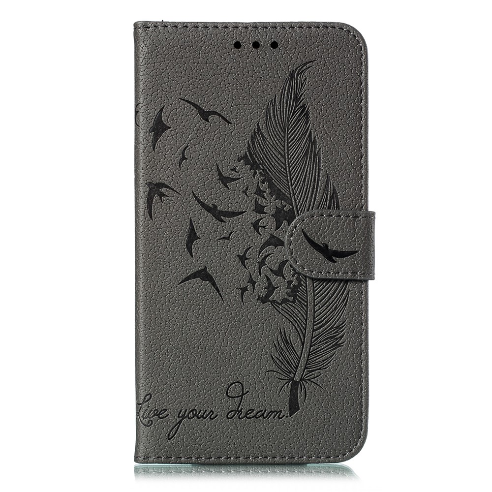 Litchi Skin Imprime Feather Leather Cartet Case Para Xiaomi Redmi Nota 8 - Cinza