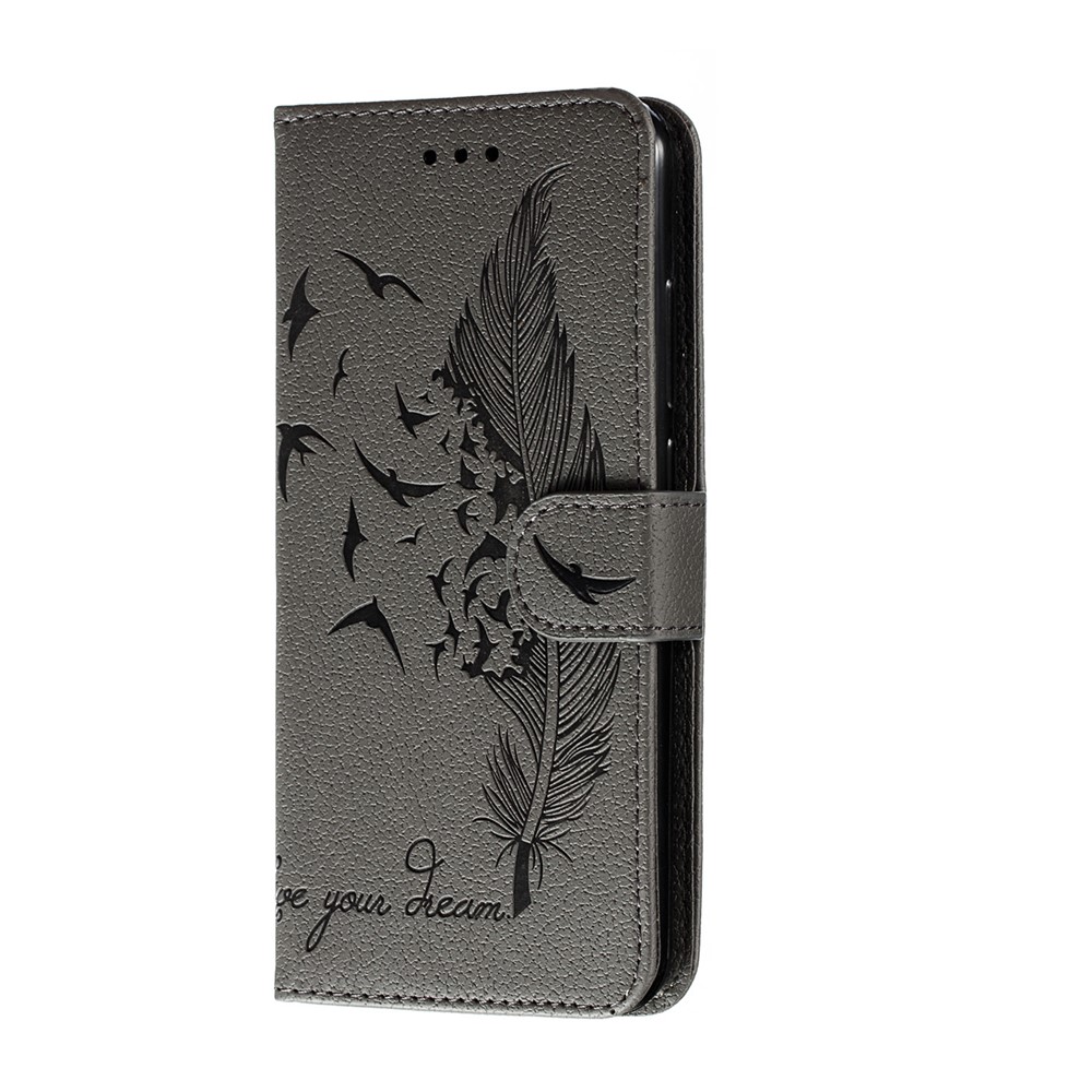 Litchi Skin Imprint Feather Leather Wallet Case for Xiaomi Redmi Note 8 - Grey-3