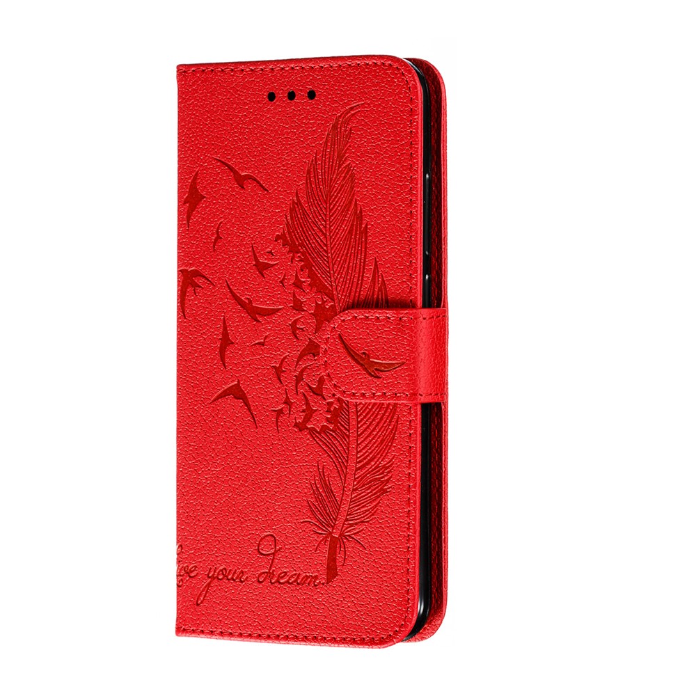 Litchi Skin Imprint Feather Leather Wallet Case for Xiaomi Redmi Note 8 - Red-3
