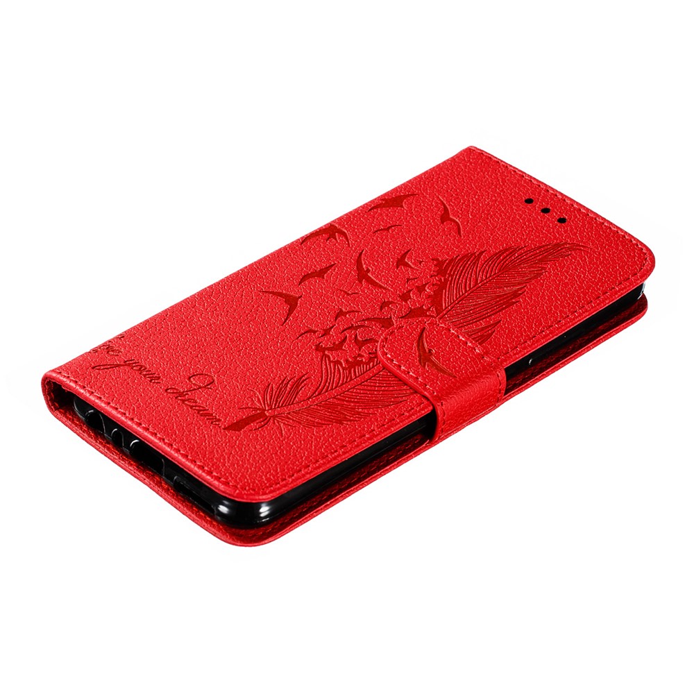 Litchi Skin Imprint Feather Leather Wallet Case for Xiaomi Redmi Note 8 - Red-5