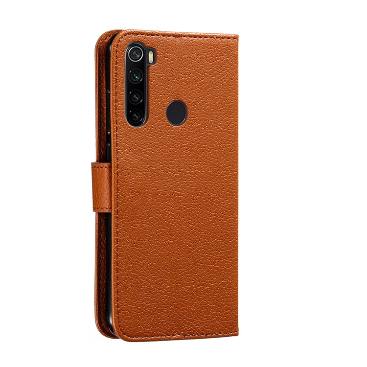 Личи Отпечаток Кожи Пера Кожаный Бумажник Чехол Для Xiaomi Редми Примечание 8 - Коричневый-4