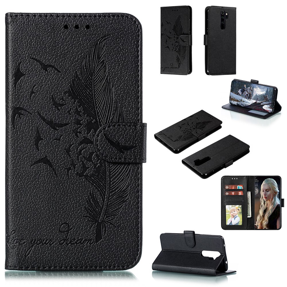 Litchi Skin Imprint Feather Flip Leather Wallet Phone Cover for Xiaomi Redmi Note 8 Pro - Black-1