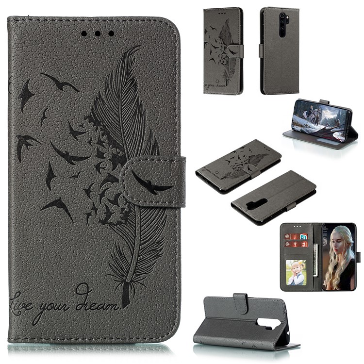 Litchi Skin Imprint Feather Flip Leather Wallet Phone Cover for Xiaomi Redmi Note 8 Pro - Grey-1