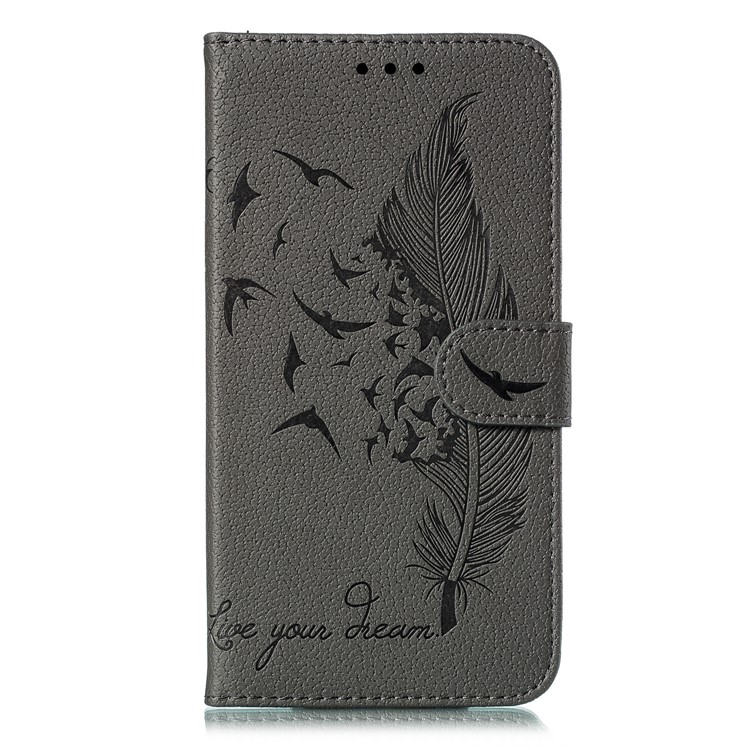 Litchi Skin Imprint Feather Flip Leather Wallet Phone Cover for Xiaomi Redmi Note 8 Pro - Grey-2