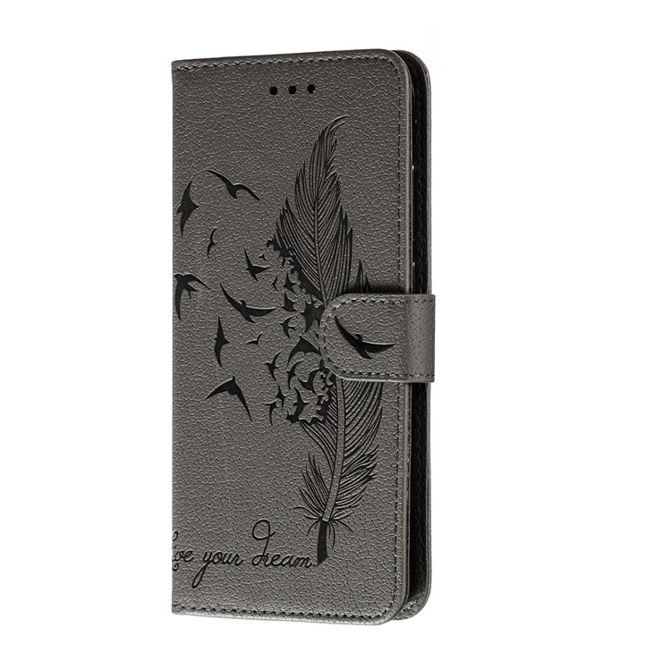 Litchi Skin Imprint Feather Flip Leather Wallet Phone Cover for Xiaomi Redmi Note 8 Pro - Grey-3