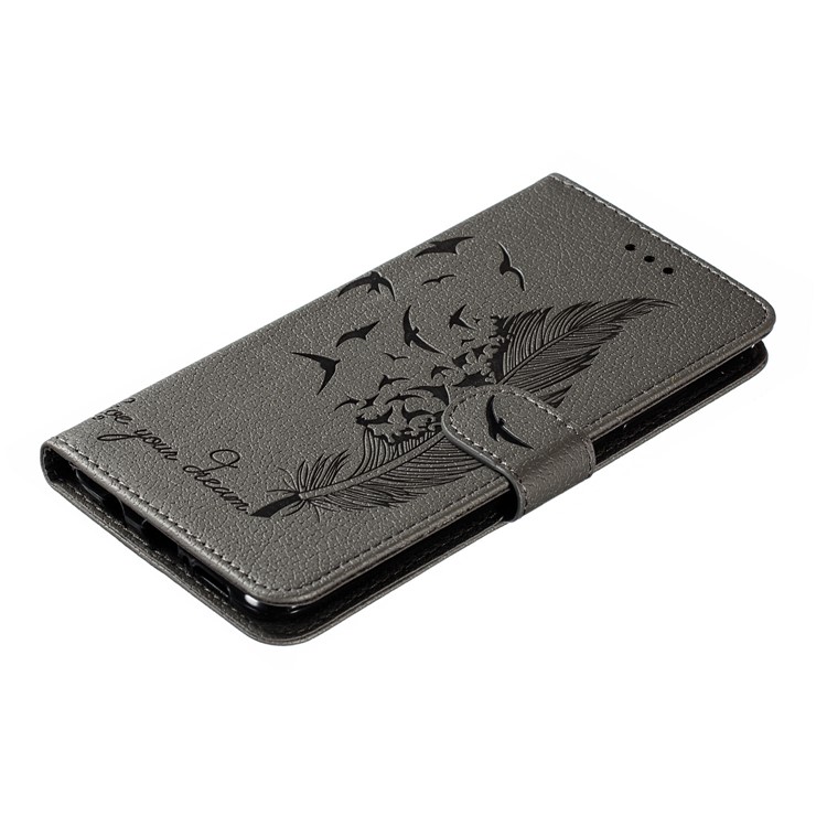 Litchi Skin Imprint Feather Flip Leather Wallet Phone Cover for Xiaomi Redmi Note 8 Pro - Grey-5
