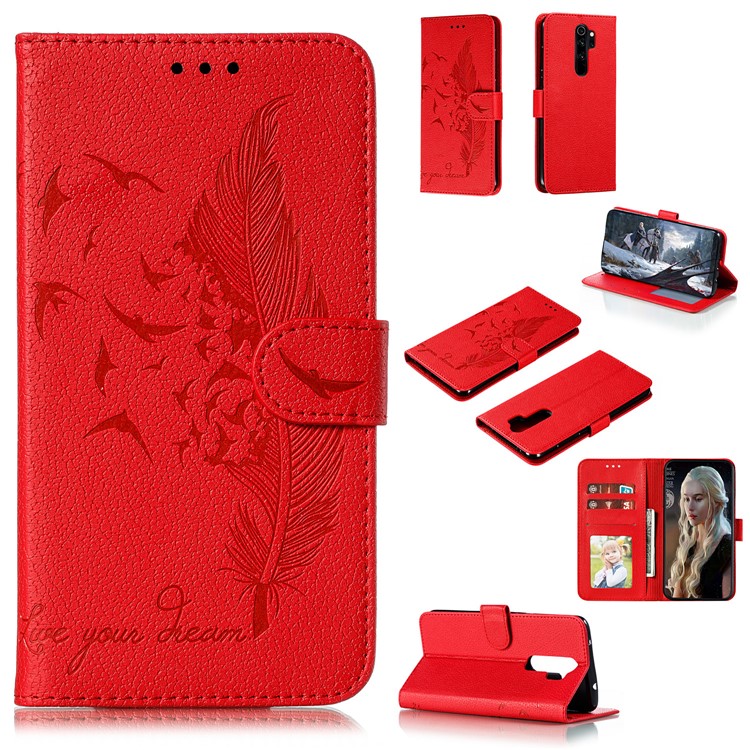 Litchi Skin Imprint Feather Flip Leather Wallet Phone Cover for Xiaomi Redmi Note 8 Pro - Red-1