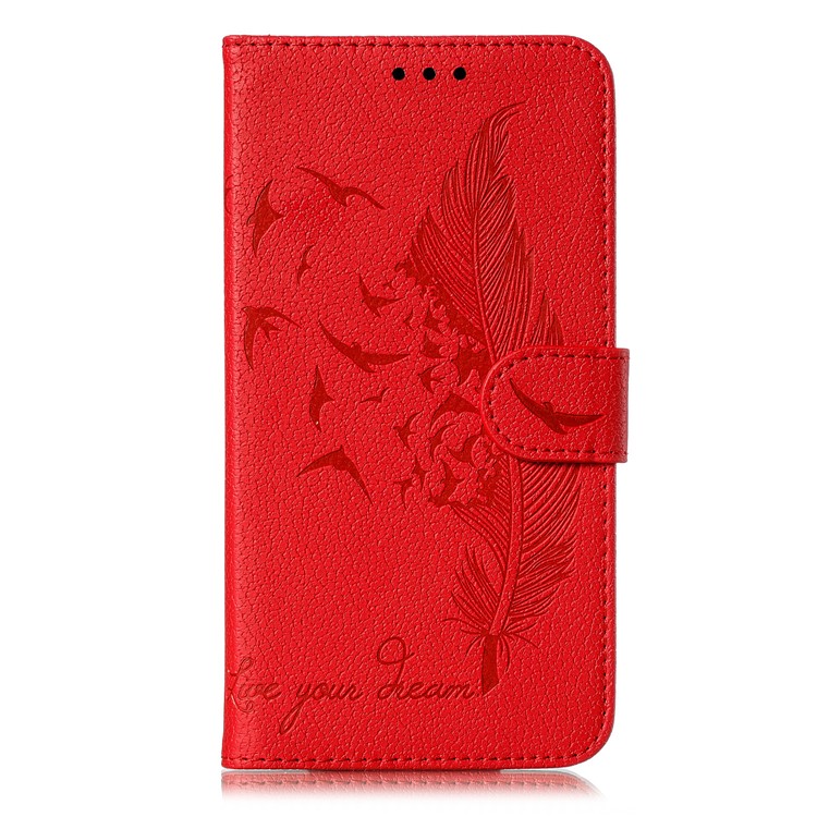 Litchi Skin Imprint Feather Flip Leather Wallet Phone Cover for Xiaomi Redmi Note 8 Pro - Red-2