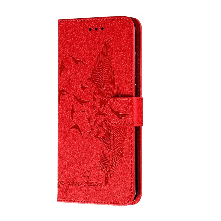 Litchi Skin Imprint Feather Flip Leather Wallet Phone Cover for Xiaomi Redmi Note 8 Pro - Red-3