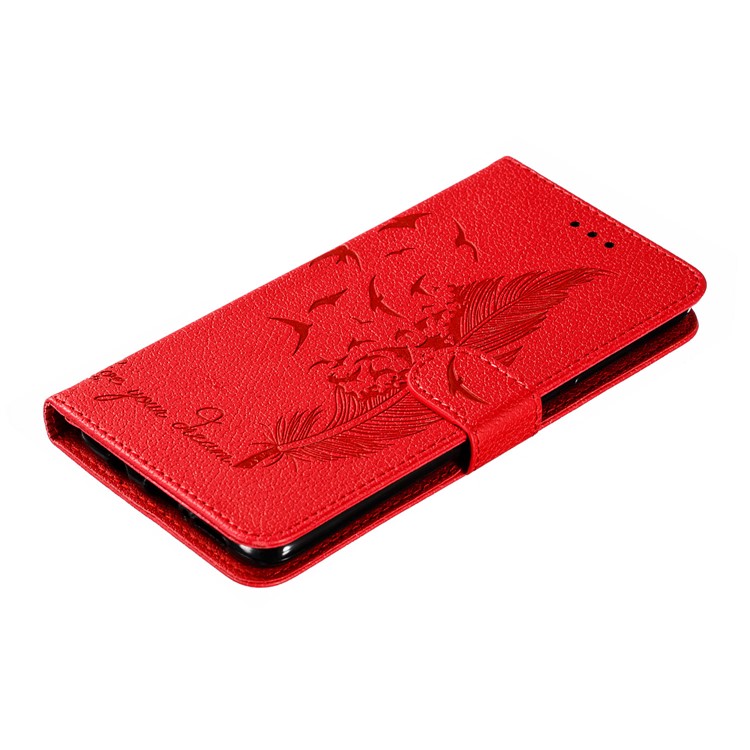 Litchi Skin Imprint Feather Flip Leather Wallet Phone Cover for Xiaomi Redmi Note 8 Pro - Red-5