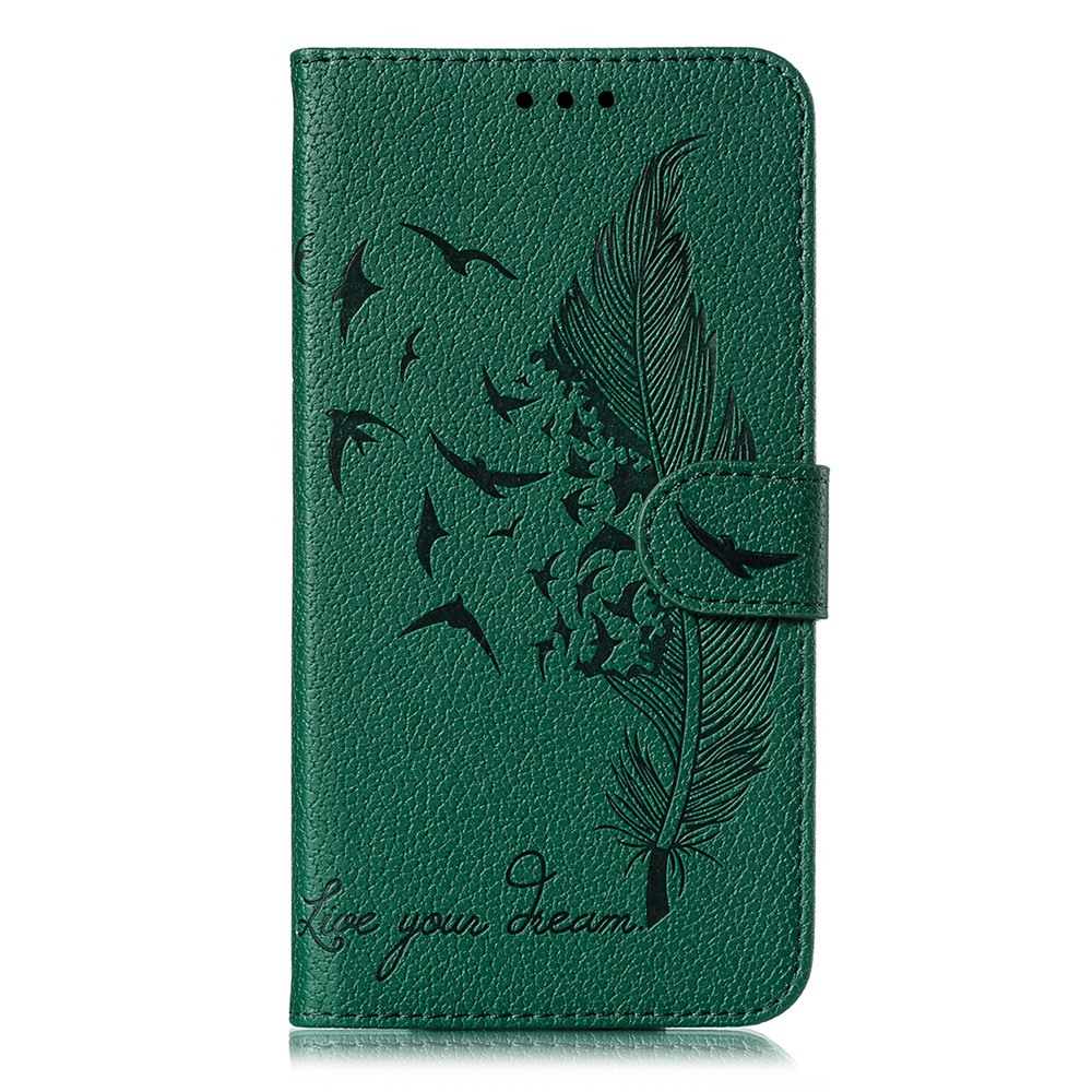 Litchi Skin Imprint Feather Flip Leather Wallet Phone Cover for Xiaomi Redmi Note 8 Pro - Green-2