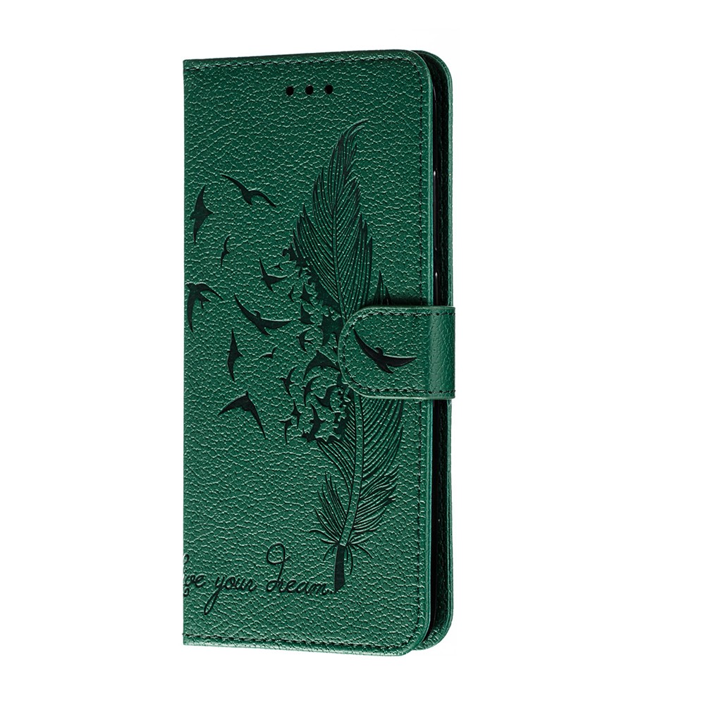 Litchi Skin Imprint Feather Flip Leather Wallet Phone Cover for Xiaomi Redmi Note 8 Pro - Green-3