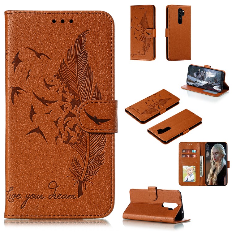 Litchi Skin Imprint Feather Flip Leather Wallet Phone Cover for Xiaomi Redmi Note 8 Pro - Brown-1