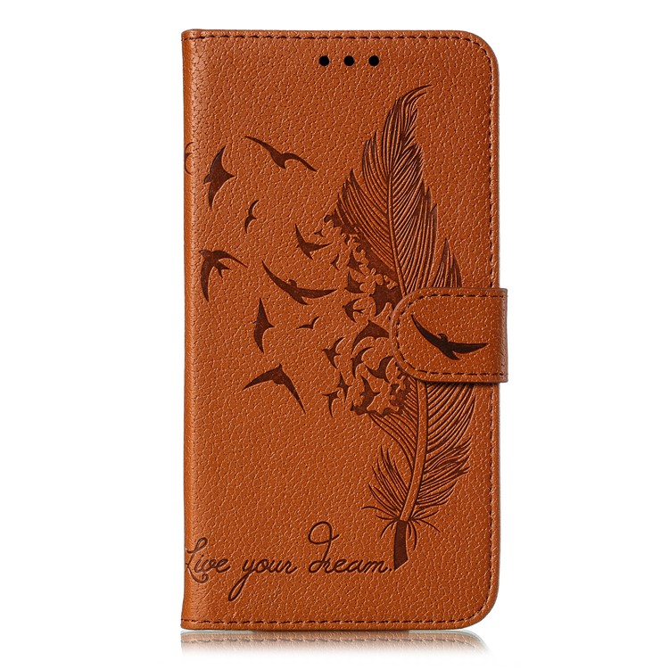Litchi Skin Imprint Feather Flip Leather Wallet Phone Cover for Xiaomi Redmi Note 8 Pro - Brown-2