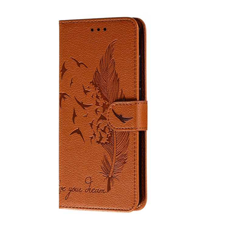 Litchi Skin Imprint Feather Flip Leather Wallet Phone Cover for Xiaomi Redmi Note 8 Pro - Brown-3