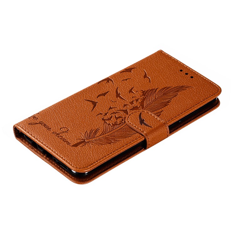 Litchi Skin Imprint Feather Flip Leather Wallet Phone Cover for Xiaomi Redmi Note 8 Pro - Brown-5