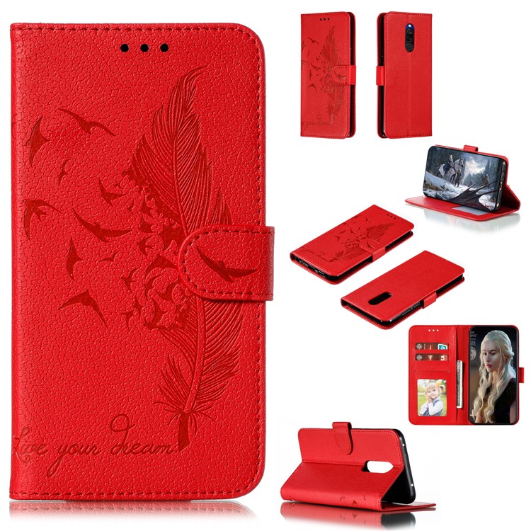 Litchi Skin Imprint Feather Wallet Stand Leather Case for Xiaomi Redmi 8 - Red-1
