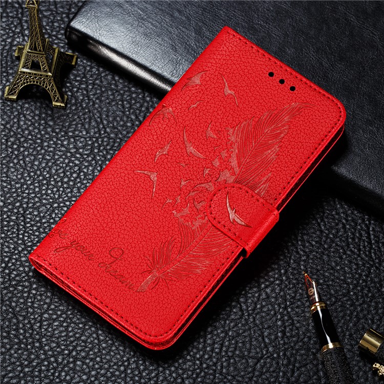 Litchi Skin Imprint Feather Wallet Stand Leather Case for Xiaomi Redmi 8 - Red-12