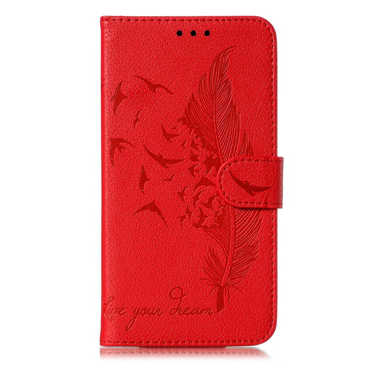 Litchi Skin Imprint Feather Wallet Stand Leather Case for Xiaomi Redmi 8 - Red-2