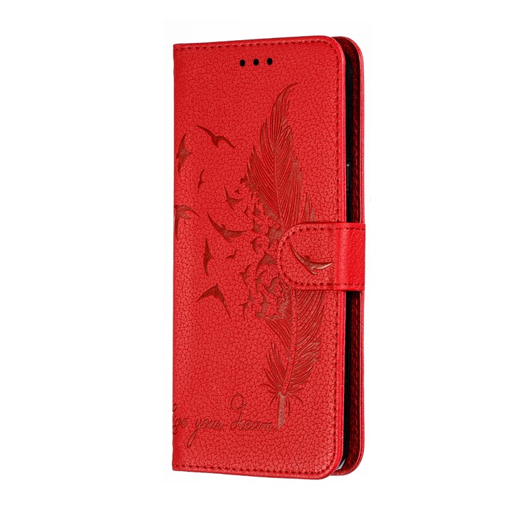 Litchi Skin Imprint Feather Wallet Stand Leather Case for Xiaomi Redmi 8 - Red-3