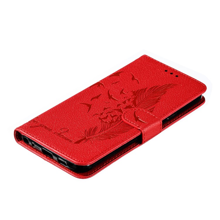 Litchi Skin Imprint Feather Wallet Stand Leather Case for Xiaomi Redmi 8 - Red-5