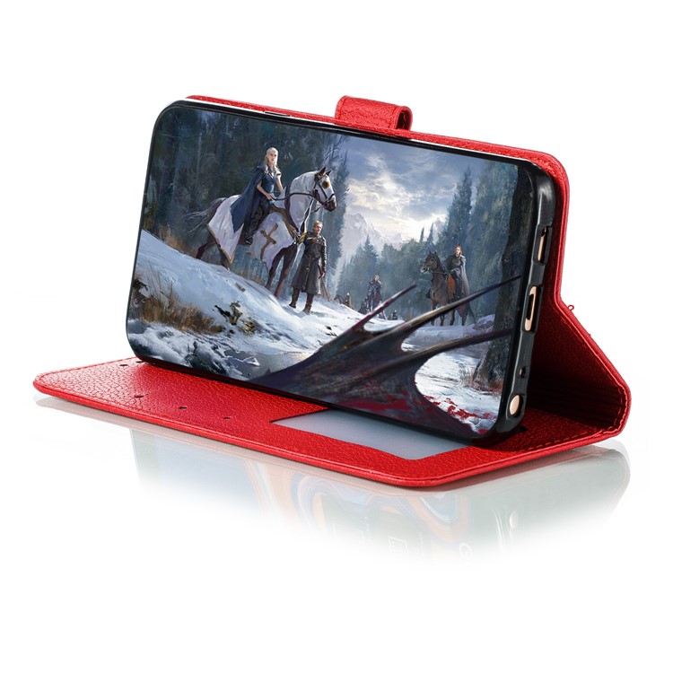 Litchi Skin Imprint Feather Wallet Stand Leather Case for Xiaomi Redmi 8 - Red-8