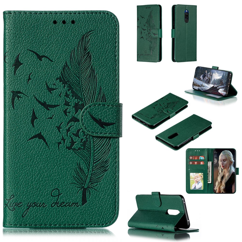 Litchi Skin Imprint Feather Wallet Stand Leather Case for Xiaomi Redmi 8 - Green-1
