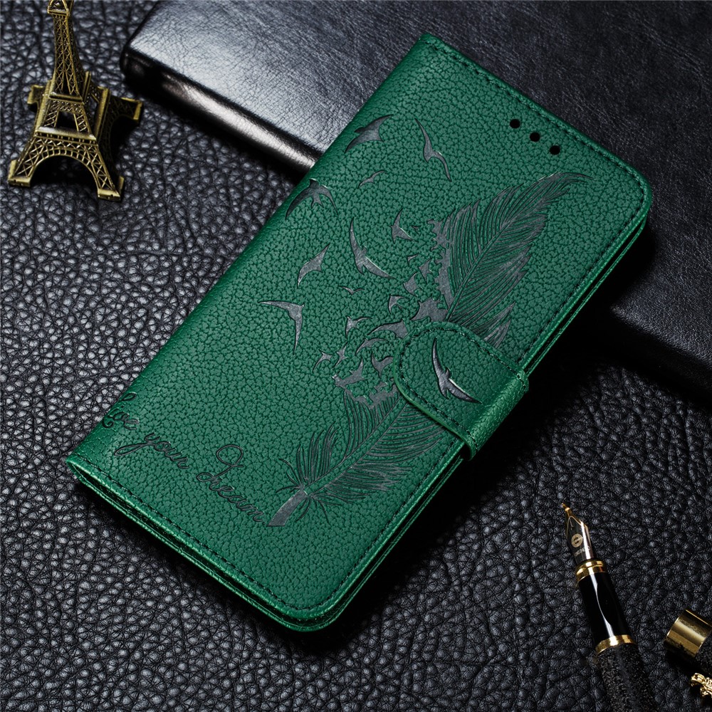 Litchi Skin Imprint Feather Wallet Stand Leather Case for Xiaomi Redmi 8 - Green-11