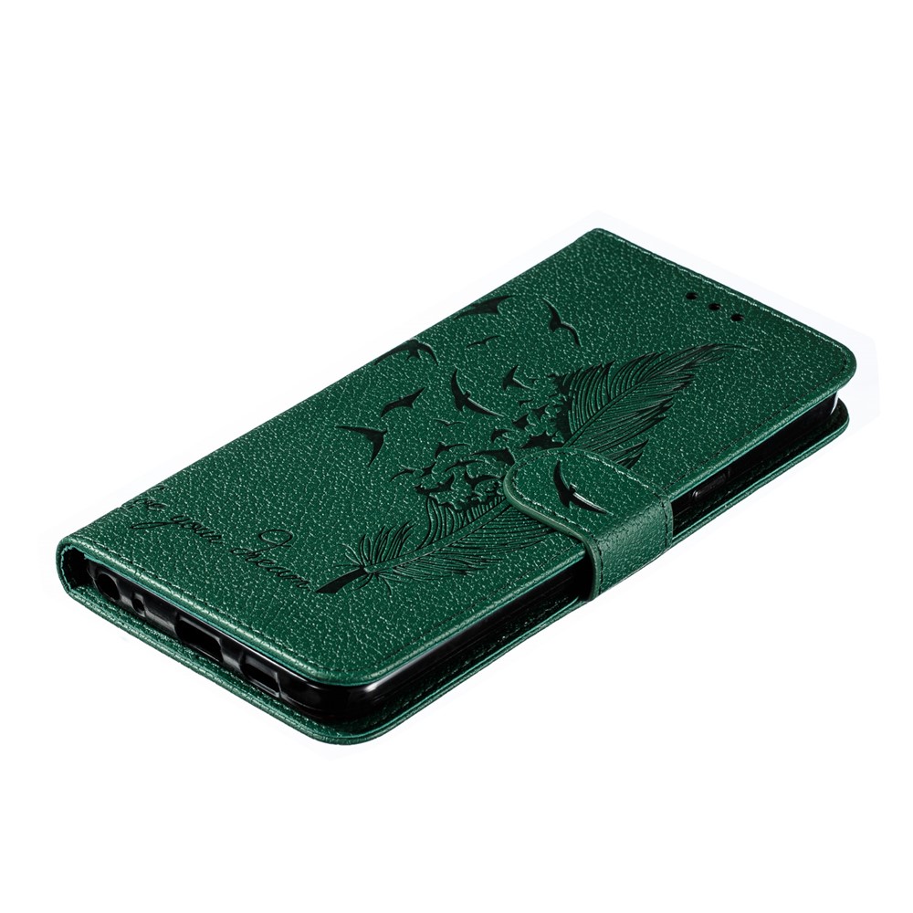 Litchi Skin Imprint Feather Wallet Stand Leather Case for Xiaomi Redmi 8 - Green-5