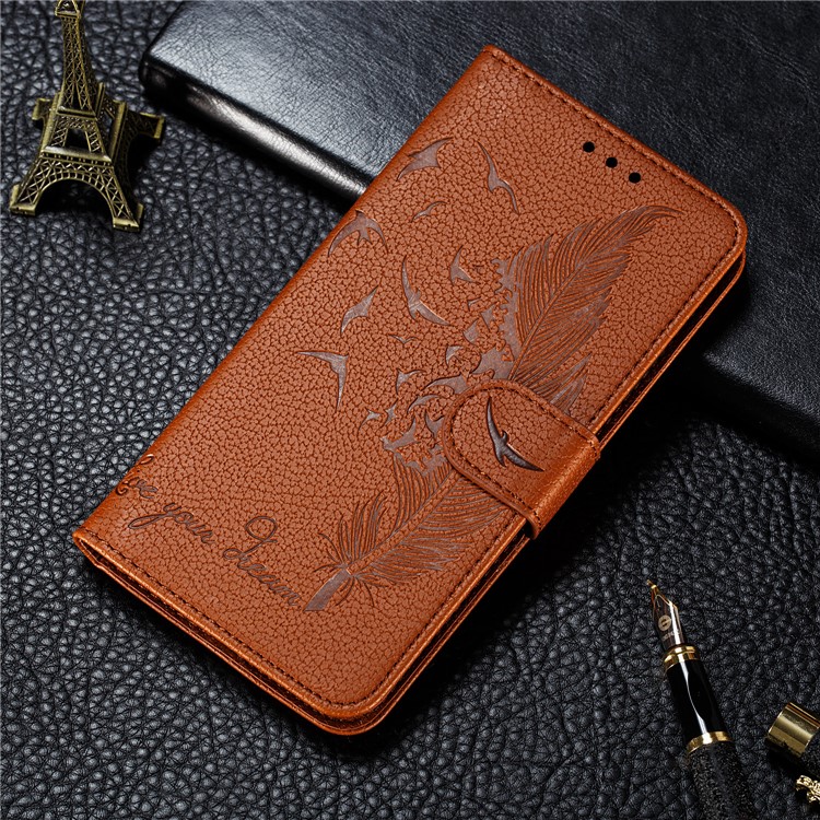 Litchi Skin Imprint Feather Wallet Stand Leather Case for Xiaomi Redmi 8 - Brown-11