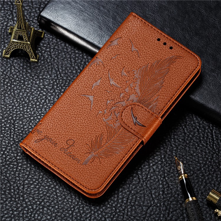 Litchi Skin Imprint Feather Wallet Stand Leather Case for Xiaomi Redmi 8 - Brown-11