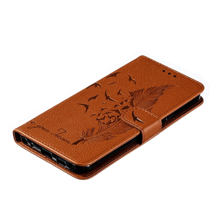 Litchi Skin Imprint Feather Wallet Stand Leather Case for Xiaomi Redmi 8 - Brown-5