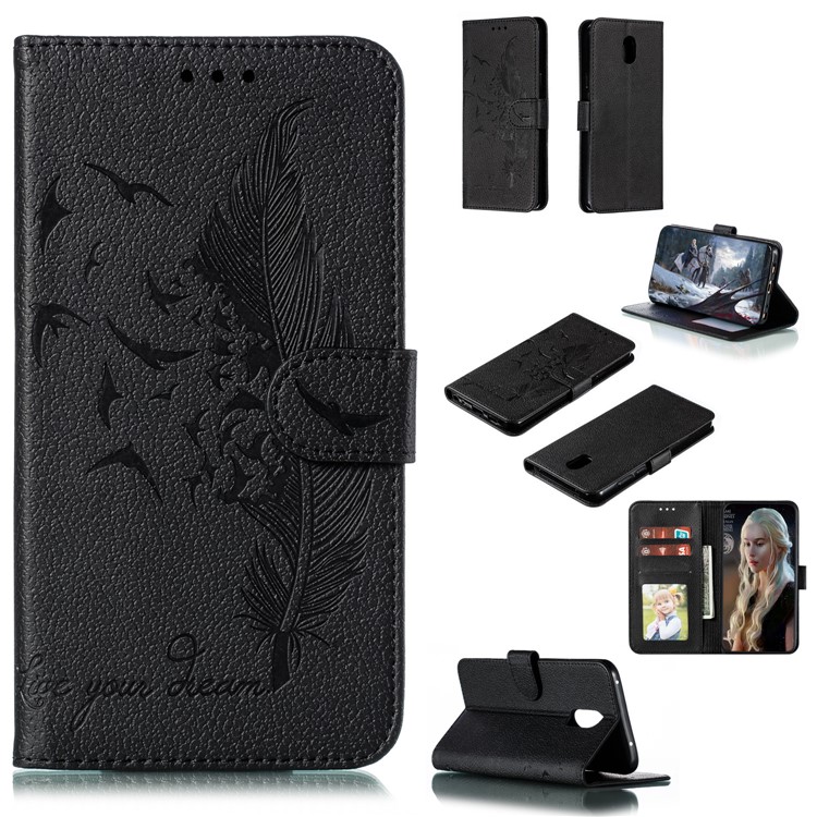 Litchi Skin Imprint Feather Wallet Leather Flip Cover for Xiaomi Redmi 8A - Black-1