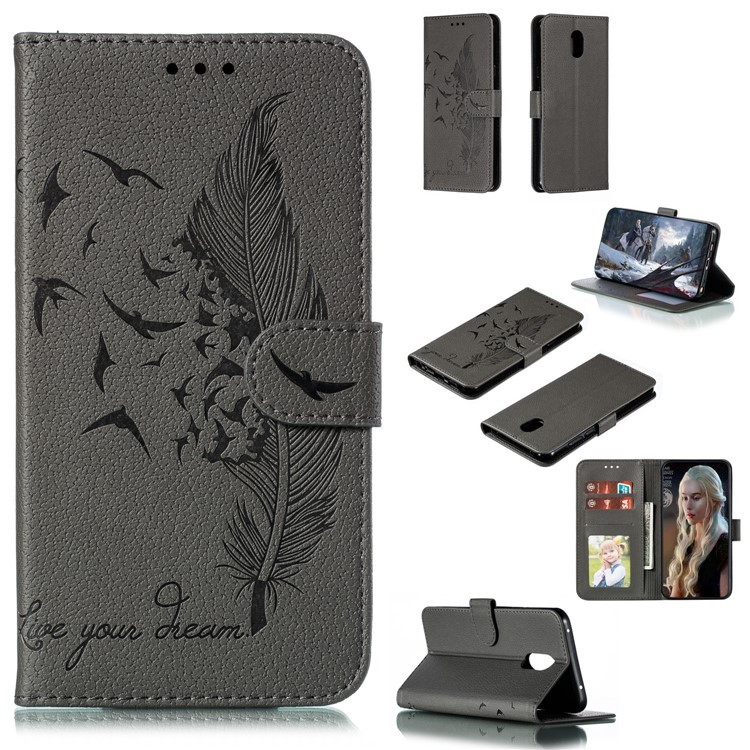 Litchi Skin Imprint Feather Wallet Leather Flip Cover for Xiaomi Redmi 8A - Grey-1