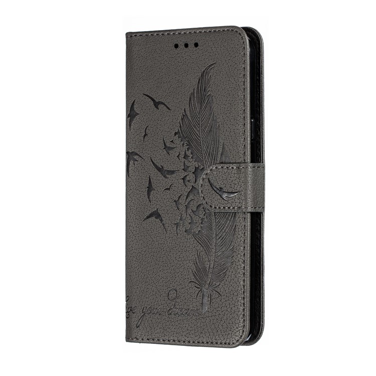 Litchi Skin Imprint Feather Wallet Leather Flip Cover for Xiaomi Redmi 8A - Grey-3