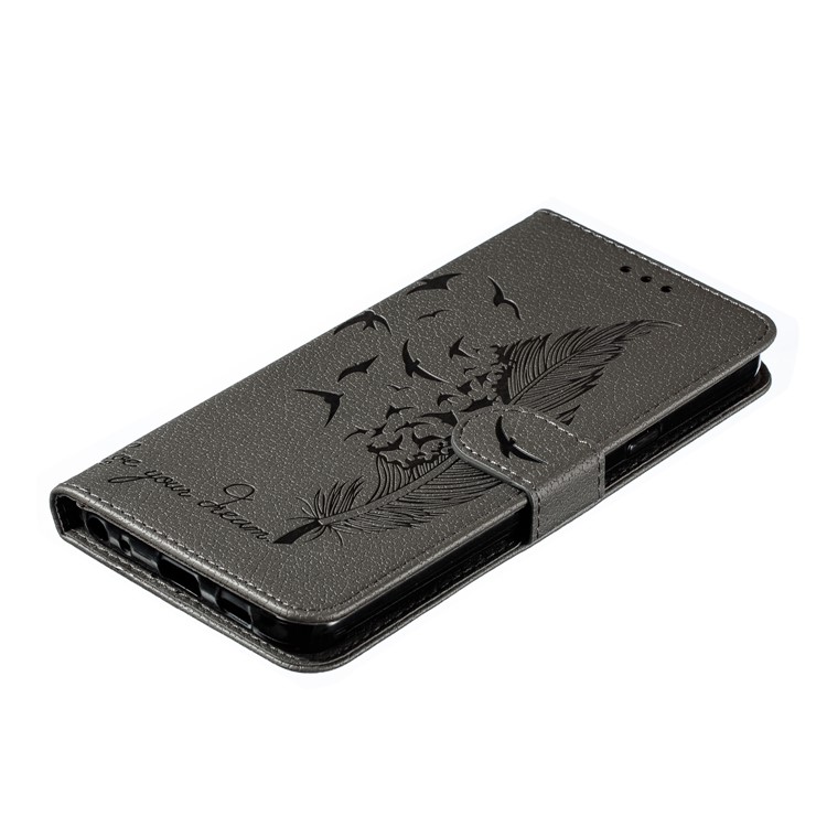 Litchi Skin Imprint Feather Wallet Leather Flip Cover for Xiaomi Redmi 8A - Grey-5