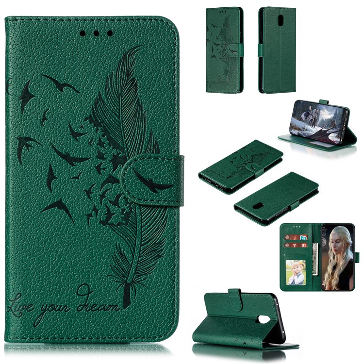 Litchi Skin Imprint Feather Wallet Leather Flip Cover for Xiaomi Redmi 8A - Green-1