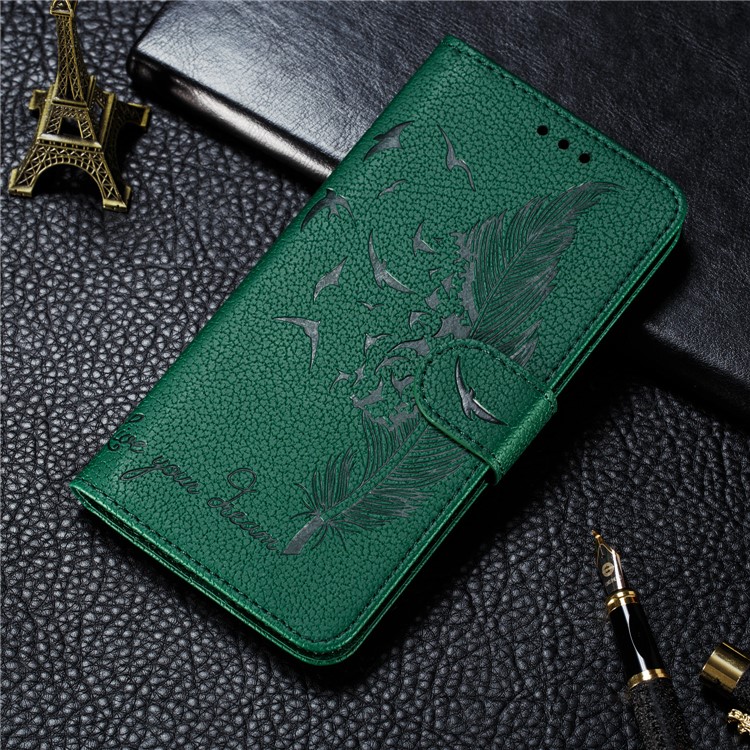 Litchi Skin Imprint Feather Wallet Leather Flip Cover for Xiaomi Redmi 8A - Green-11