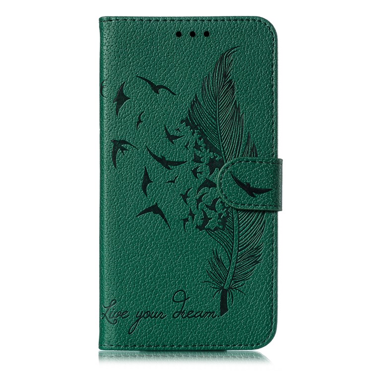 Litchi Skin Imprint Feather Wallet Leather Flip Cover for Xiaomi Redmi 8A - Green-2