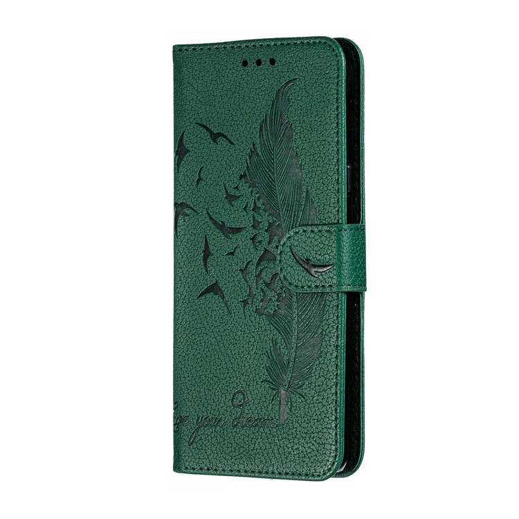 Litchi Skin Imprint Feather Wallet Leather Flip Cover for Xiaomi Redmi 8A - Green-3