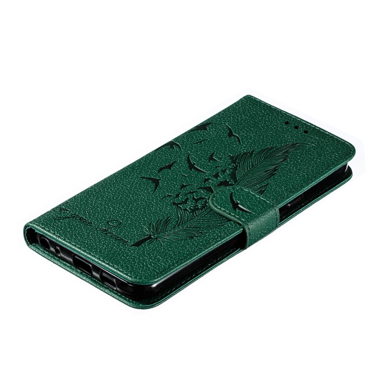 Litchi Skin Imprint Feather Wallet Leather Flip Cover for Xiaomi Redmi 8A - Green-5