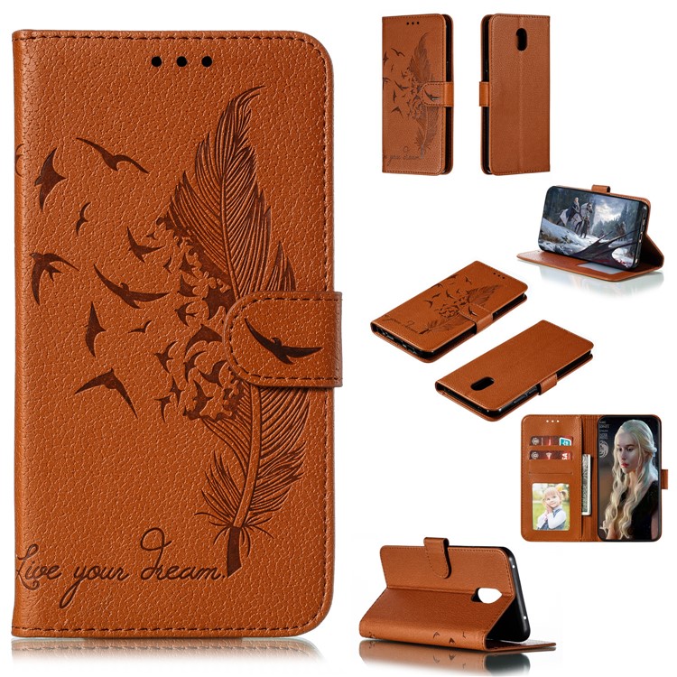 Litchi Skin Imprint Feather Wallet Leather Flip Cover for Xiaomi Redmi 8A - Brown-1