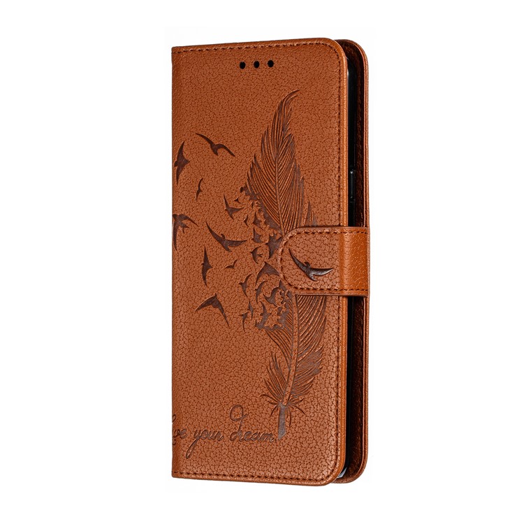Litchi Skin Imprint Feather Wallet Leather Flip Cover for Xiaomi Redmi 8A - Brown-3