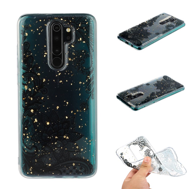 Brilho Lantejoulas Incrustadas Padrão De Impressão De Shell TPU Para Xiaomi Redmi Nota 8 Pro - Flor Negra-1