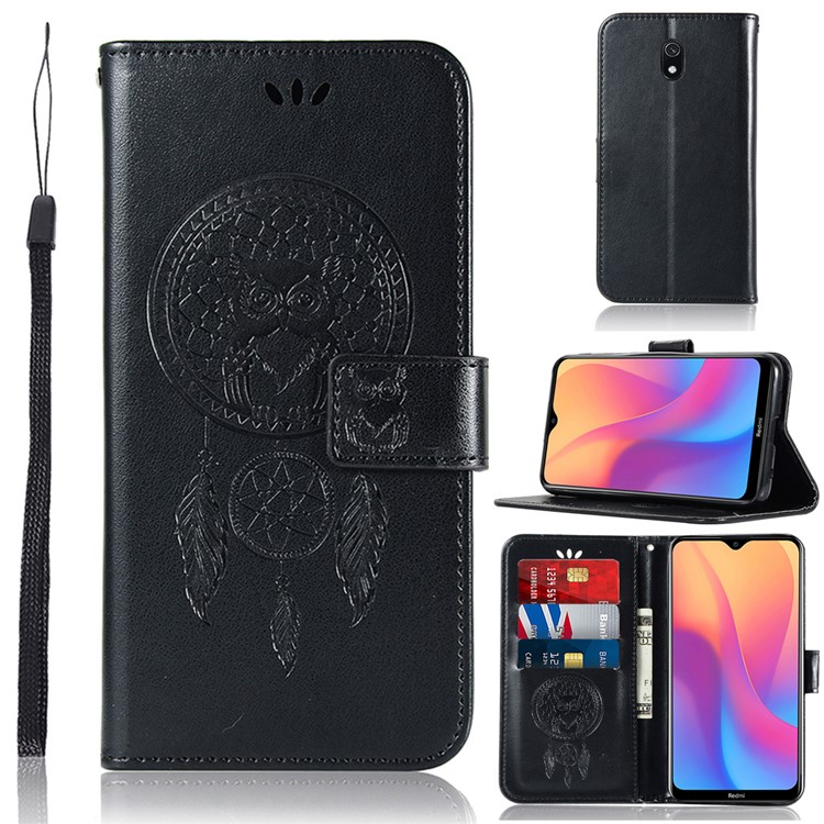 Imprinted Dream Catcher Owl PU Leather Wallet Case for Xiaomi Redmi 8A - Black-1