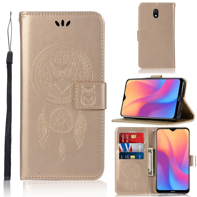 Imprinted Dream Catcher Owl PU Leather Wallet Case for Xiaomi Redmi 8A - Gold-1