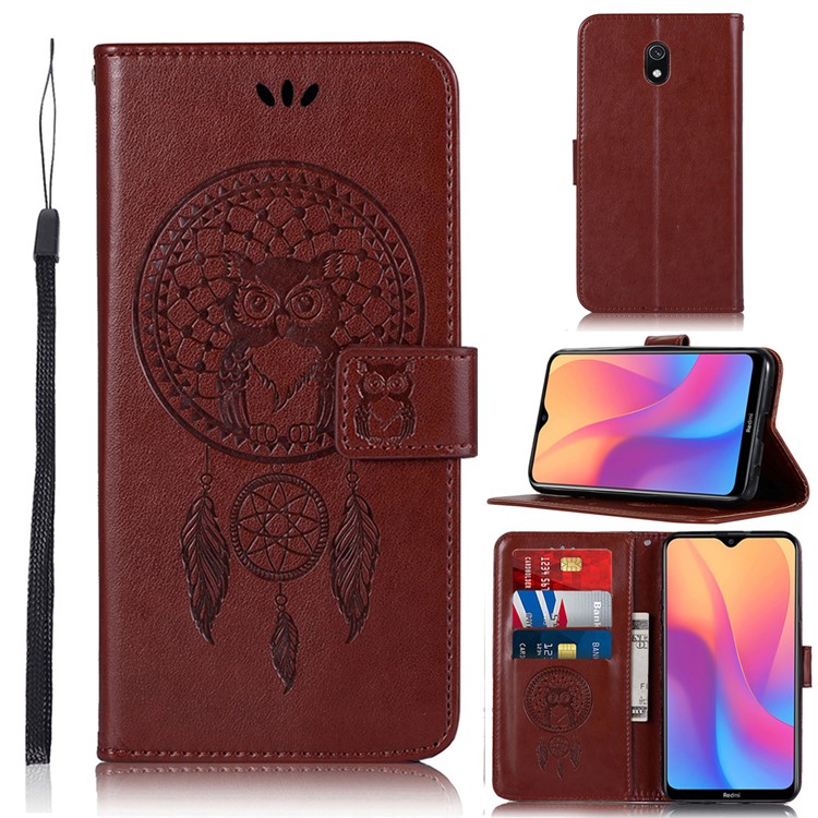 Imprinted Dream Catcher Owl PU Leather Wallet Case for Xiaomi Redmi 8A - Brown-1