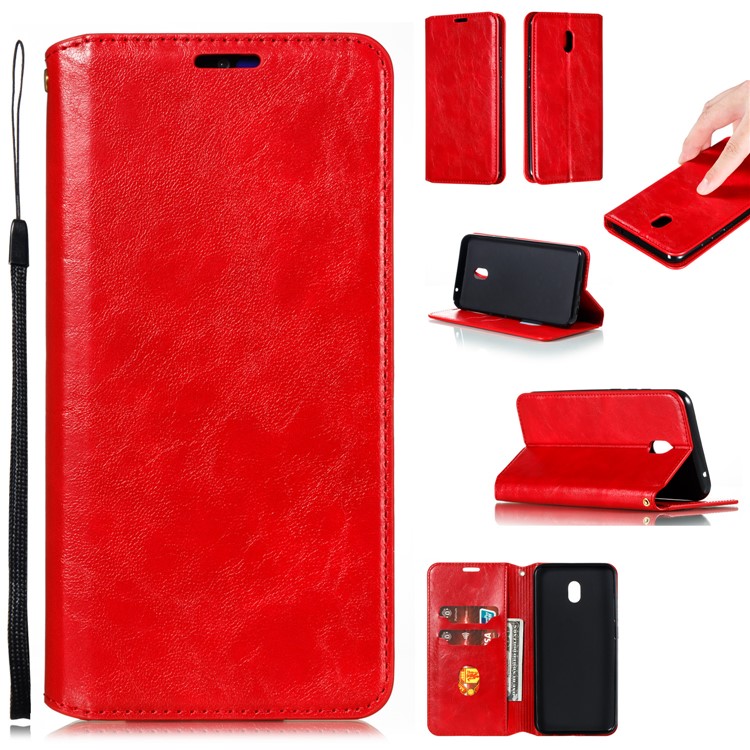 For Xiaomi Redmi 8A Phone Cover Crazy Horse Texture Leather Strong Magnetic Suction Case - Red-1